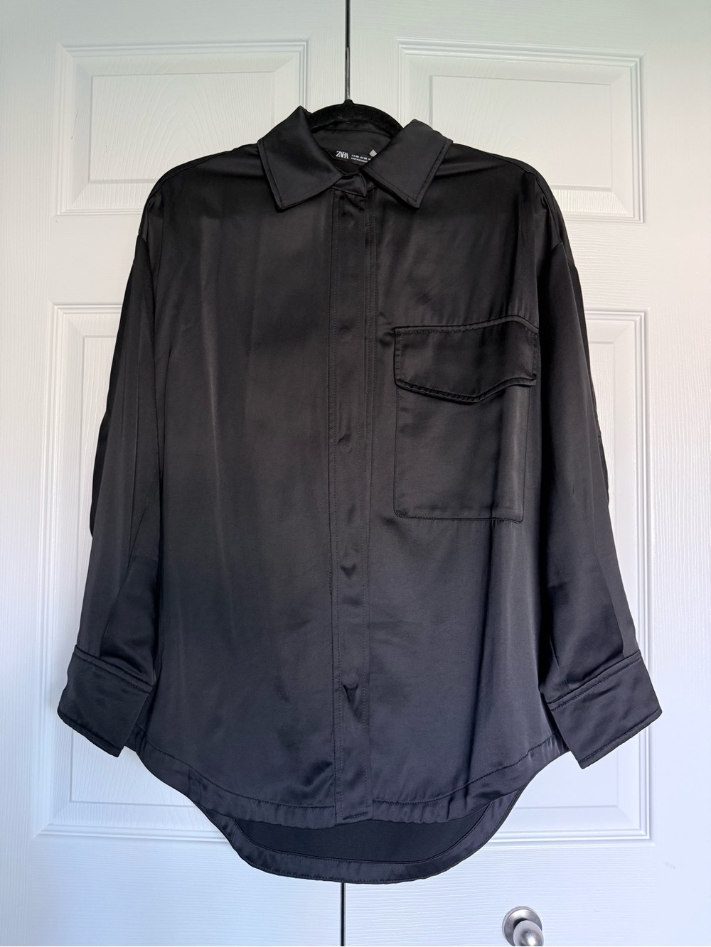 Zara Black Satin Effect Oversized Button Down Shirt XS